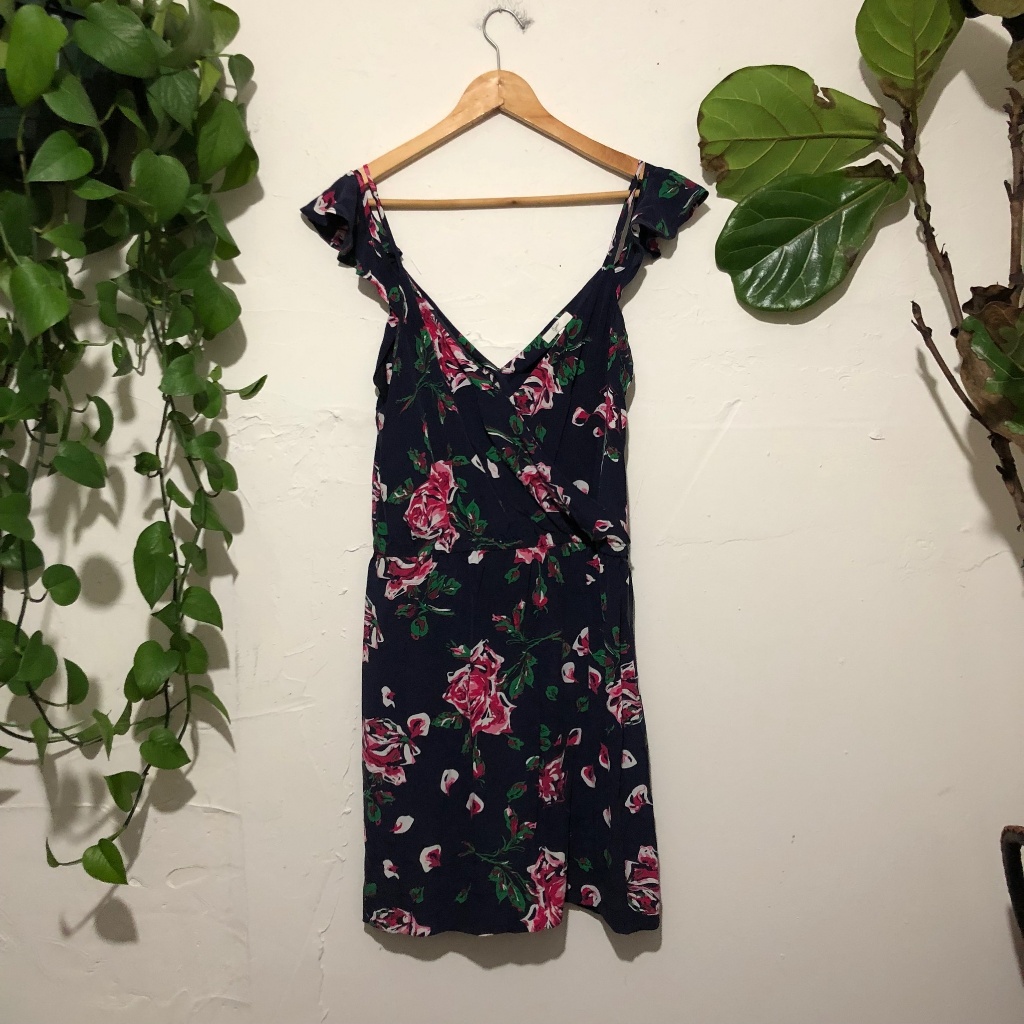 Joie Navy Floral Flutter Shoulder 100% Silk Dress